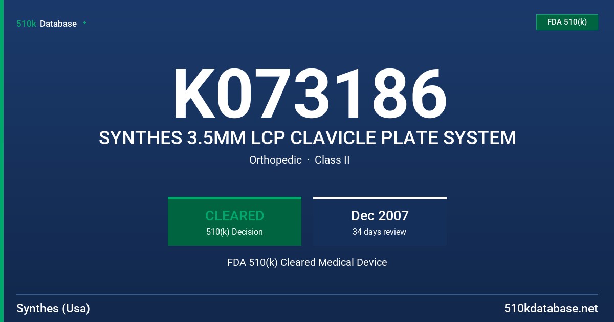 K073186 SYNTHES 3.5MM LCP CLAVICLE PLATE SYSTEM FDA 510(k) Cleared Medical Device