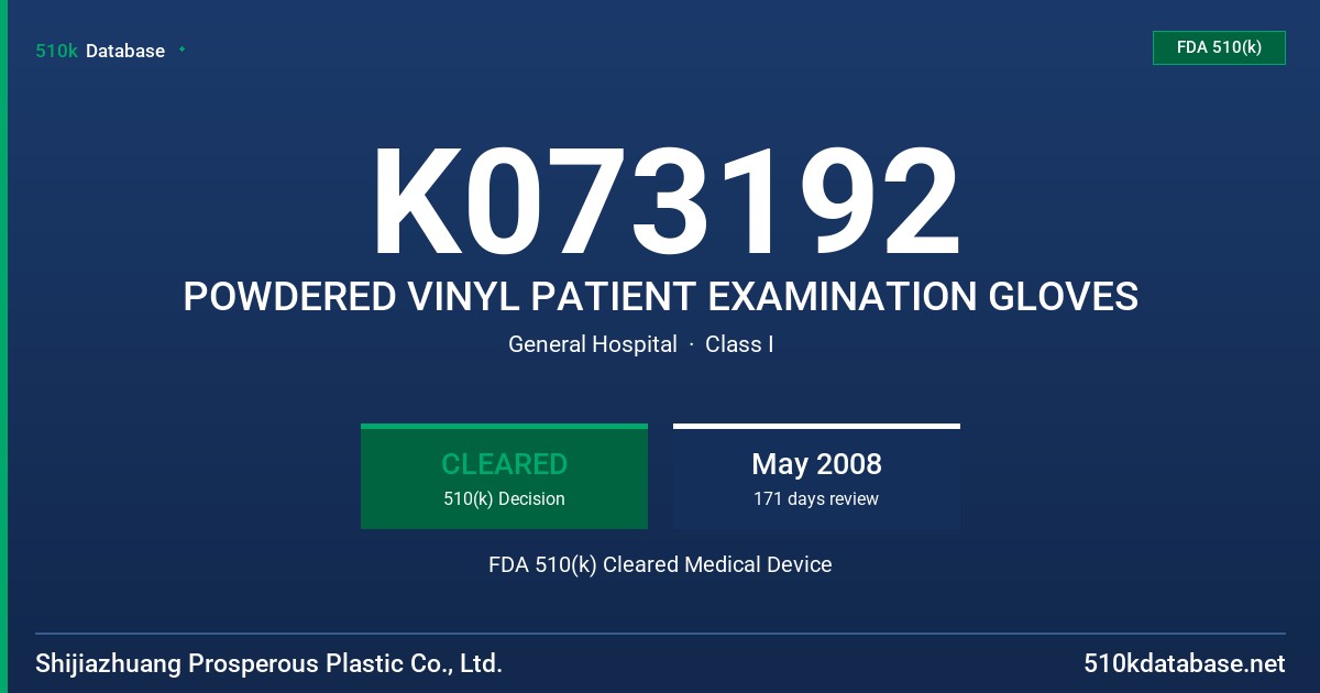 K073192 POWDERED VINYL PATIENT EXAMINATION GLOVES FDA 510(k) Cleared Medical Device