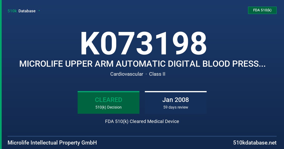 K073198 MICROLIFE UPPER ARM AUTOMATIC DIGITAL BLOOD PRESSURE MONITOR, MODEL WATCHBP HOME (BP3MX1-1) FDA 510(k) Cleared Medical Device