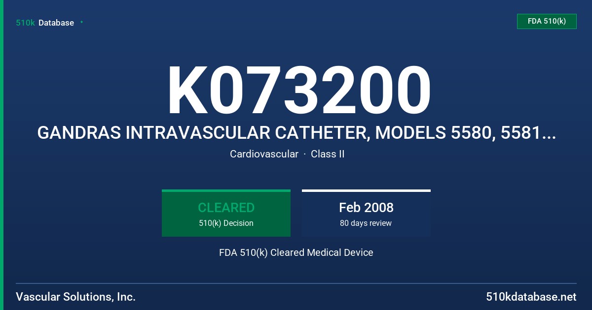 K073200 GANDRAS INTRAVASCULAR CATHETER, MODELS 5580, 5581 AND 5582 FDA 510(k) Cleared Medical Device