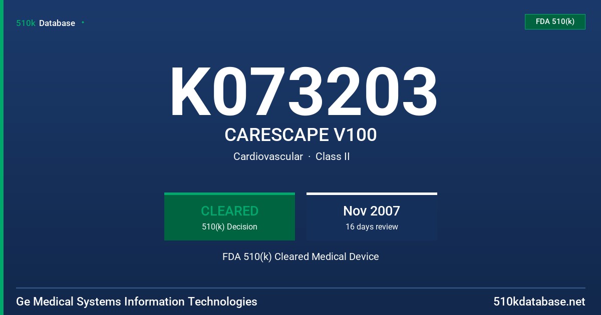 K073203 CARESCAPE V100 FDA 510(k) Cleared Medical Device