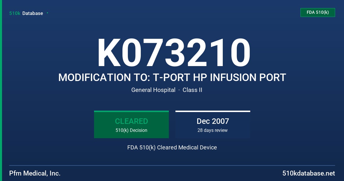 K073210 MODIFICATION TO: T-PORT HP INFUSION PORT FDA 510(k) Cleared Medical Device