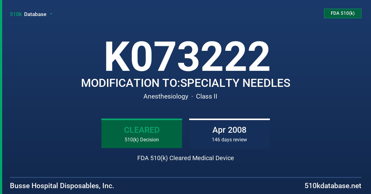 K073222 MODIFICATION TO:SPECIALTY NEEDLES FDA 510(k) Cleared Medical Device