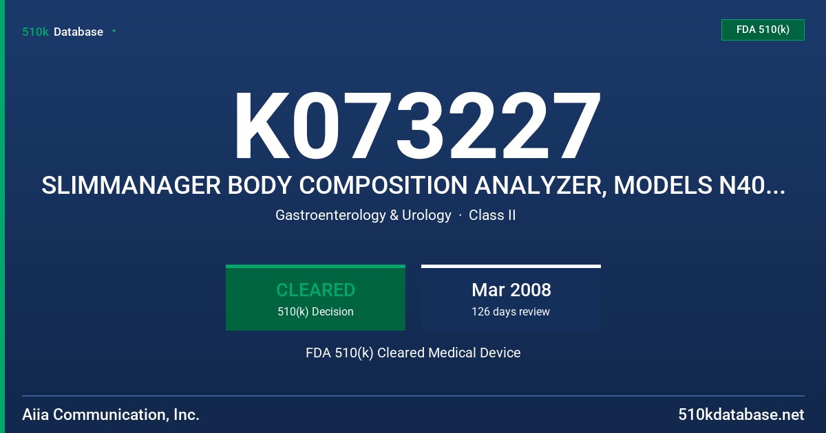 K073227 SLIMMANAGER BODY COMPOSITION ANALYZER, MODELS N40 AND SM-300 FDA 510(k) Cleared Medical Device