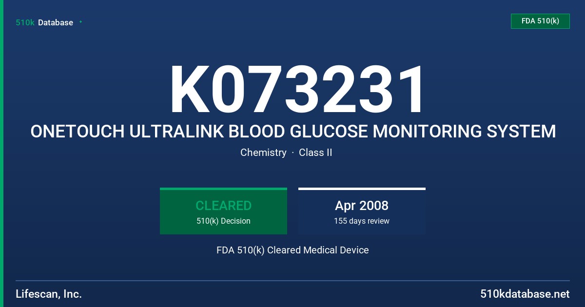 K073231 ONETOUCH ULTRALINK BLOOD GLUCOSE MONITORING SYSTEM FDA 510(k) Cleared Medical Device