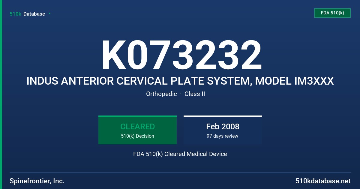 K073232 INDUS ANTERIOR CERVICAL PLATE SYSTEM, MODEL IM3XXX FDA 510(k) Cleared Medical Device