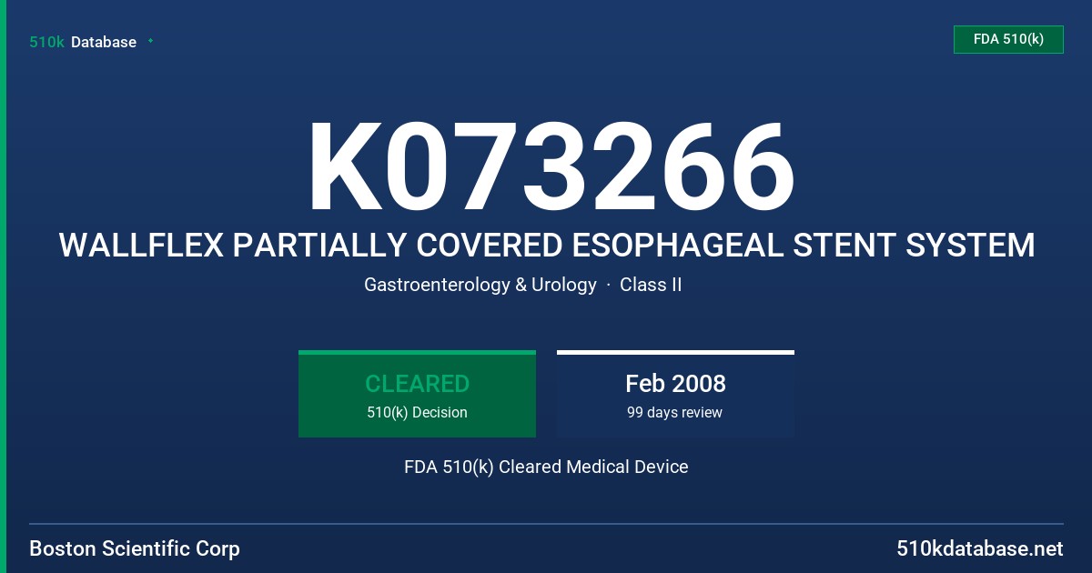 K073266 WALLFLEX PARTIALLY COVERED ESOPHAGEAL STENT SYSTEM FDA 510(k) Cleared Medical Device