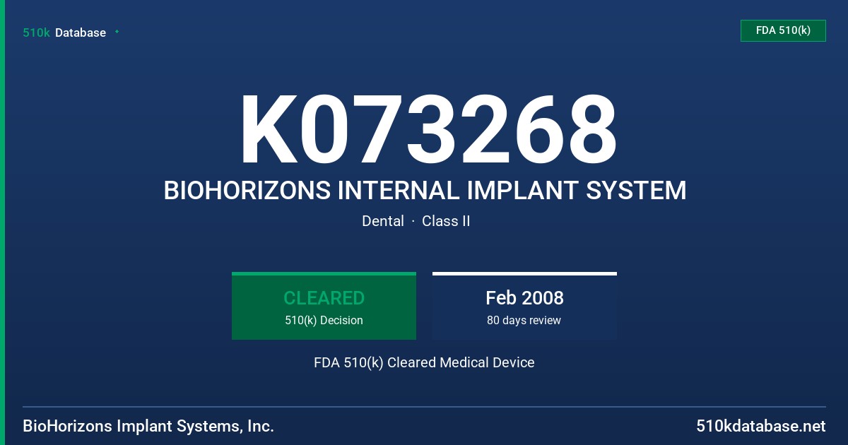 K073268 BIOHORIZONS INTERNAL IMPLANT SYSTEM FDA 510(k) Cleared Medical Device