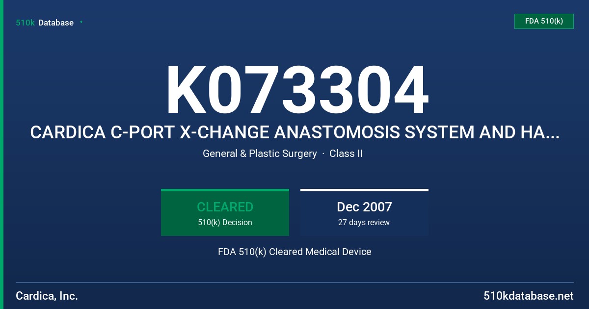 K073304 CARDICA C-PORT X-CHANGE ANASTOMOSIS SYSTEM AND HANDLE AND XA X-CHANGE SUBASSEMBLIES FDA 510(k) Cleared Medical Device