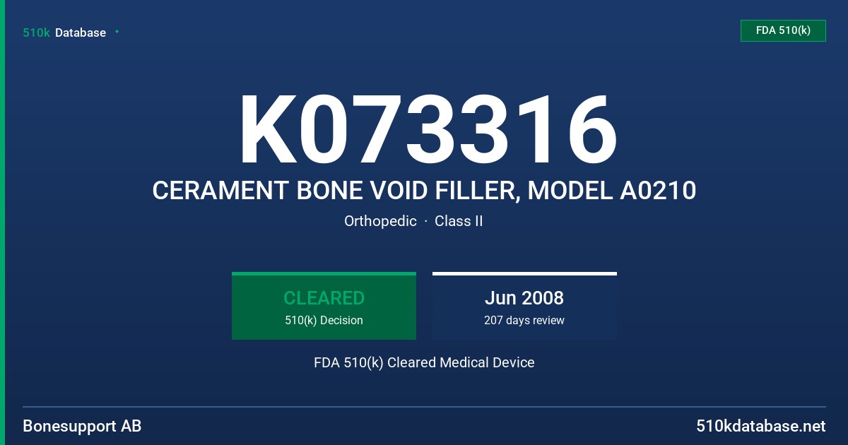 K073316 CERAMENT BONE VOID FILLER, MODEL A0210 FDA 510(k) Cleared Medical Device