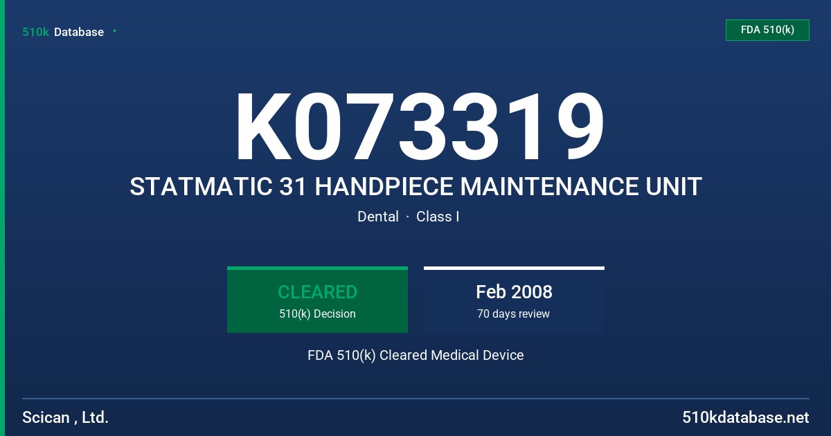 K073319 STATMATIC 31 HANDPIECE MAINTENANCE UNIT FDA 510(k) Cleared Medical Device