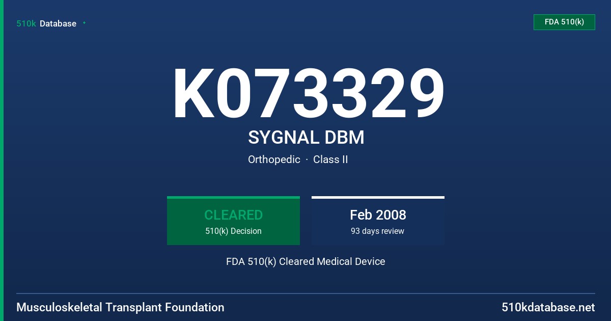 K073329 SYGNAL DBM FDA 510(k) Cleared Medical Device