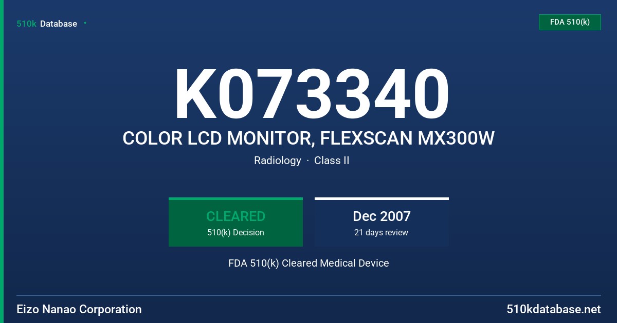 K073340 COLOR LCD MONITOR, FLEXSCAN MX300W FDA 510(k) Cleared Medical Device