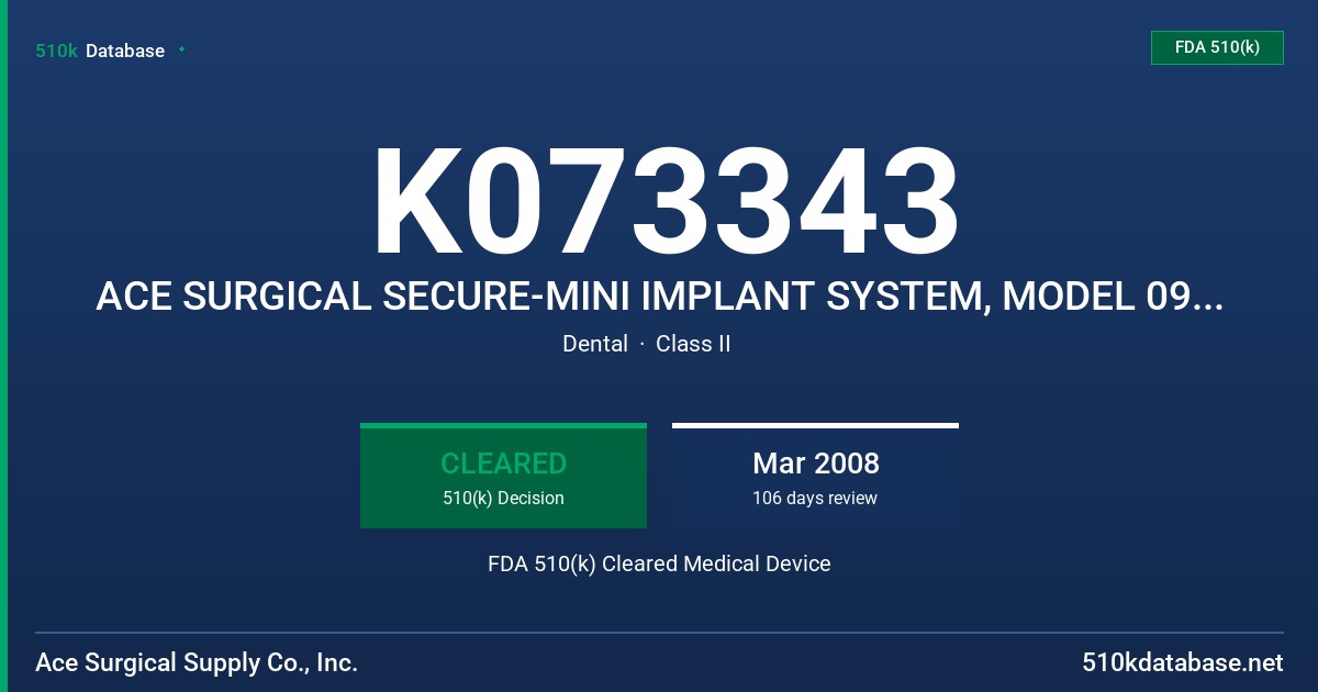 K073343 ACE SURGICAL SECURE-MINI IMPLANT SYSTEM, MODEL 09-270X-XX FDA 510(k) Cleared Medical Device