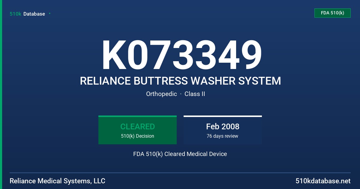 K073349 RELIANCE BUTTRESS WASHER SYSTEM FDA 510(k) Cleared Medical Device