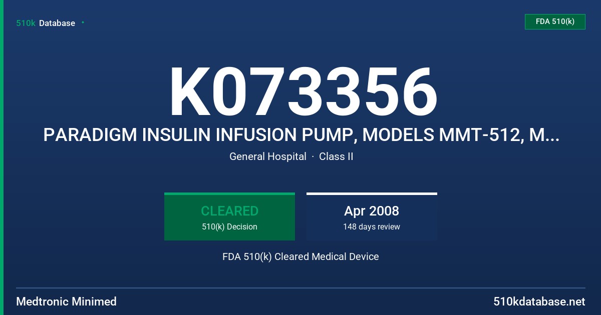K073356 PARADIGM INSULIN INFUSION PUMP, MODELS MMT-512, MMT-712, MMT-515 AND MMT-715 FDA 510(k) Cleared Medical Device