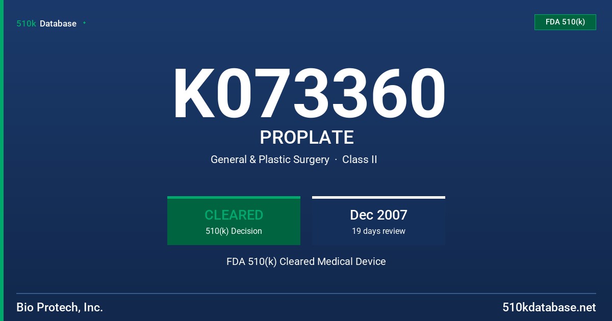 K073360 PROPLATE FDA 510(k) Cleared Medical Device
