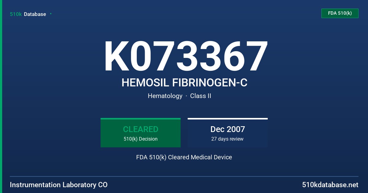 K073367 HEMOSIL FIBRINOGEN-C FDA 510(k) Cleared Medical Device