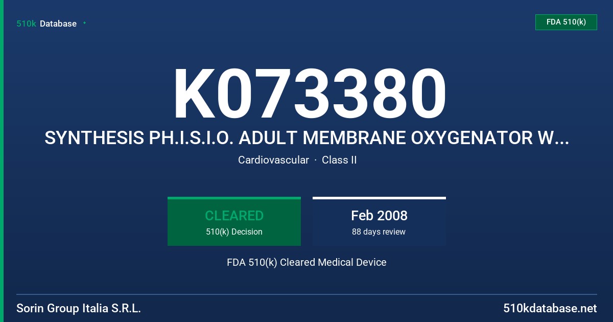 K073380 SYNTHESIS PH.I.S.I.O. ADULT MEMBRANE OXYGENATOR WITH INTEGRATED ARETERIAL FILTER AND HARDSHELL VENOUS/CARIOTOMY RESERVOI FDA 510(k) Cleared Medical Device