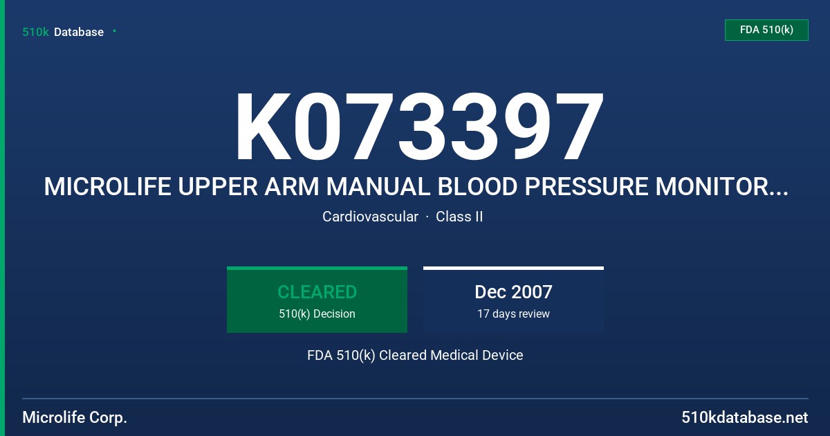 K073397 MICROLIFE UPPER ARM MANUAL BLOOD PRESSURE MONITOR, MODEL BP3MR1-H (BP A50) FDA 510(k) Cleared Medical Device