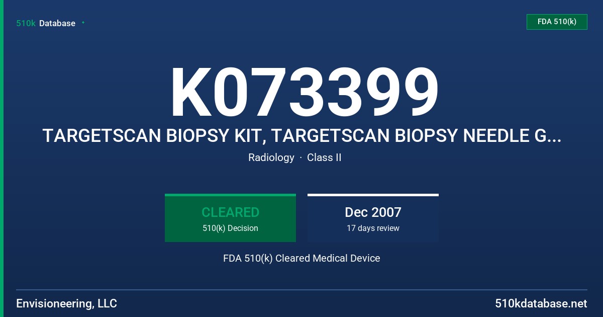K073399 TARGETSCAN BIOPSY KIT, TARGETSCAN BIOPSY NEEDLE GUIDE FDA 510(k) Cleared Medical Device