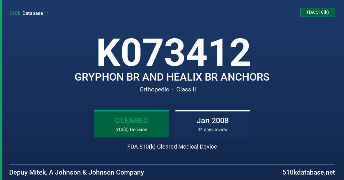 K073412 GRYPHON BR AND HEALIX BR ANCHORS FDA 510(k) Cleared Medical Device