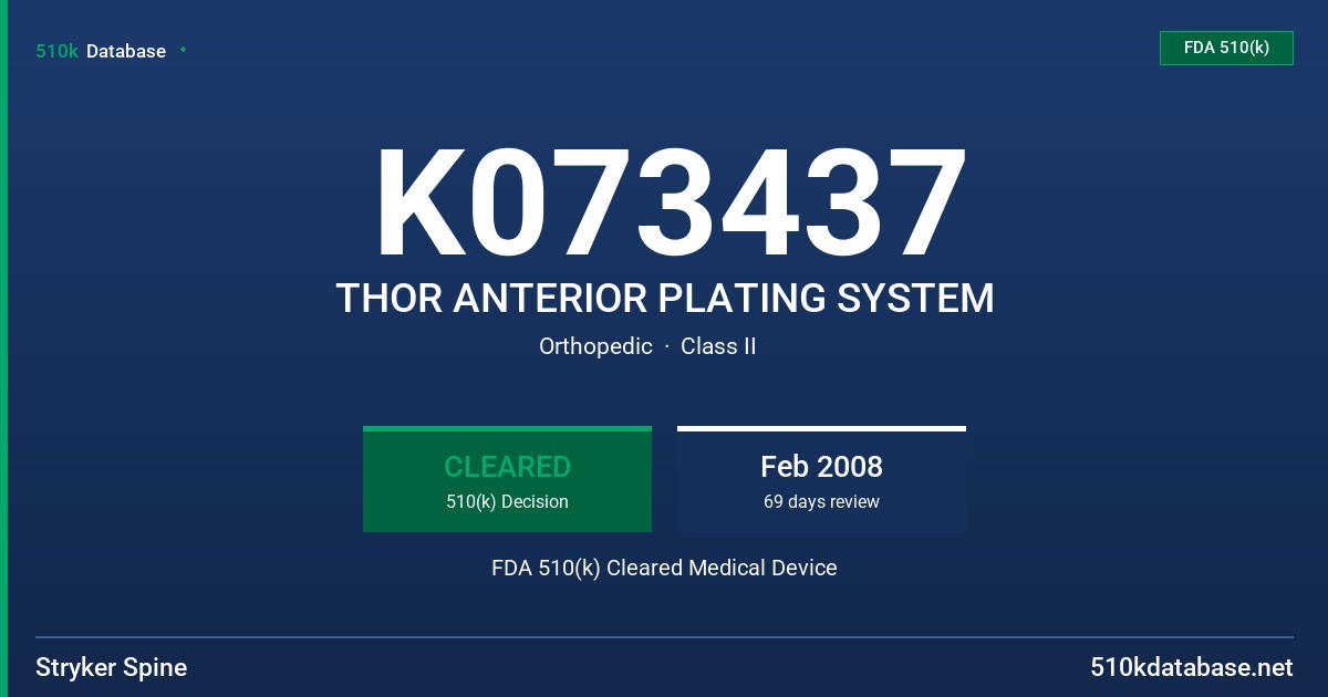 K073437 THOR ANTERIOR PLATING SYSTEM FDA 510(k) Cleared Medical Device