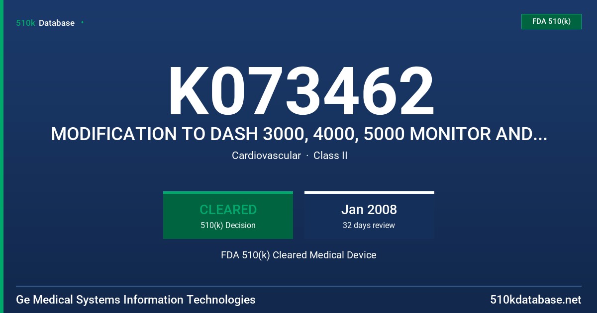 K073462 MODIFICATION TO DASH 3000, 4000, 5000 MONITOR AND ACCESSORIES FDA 510(k) Cleared Medical Device