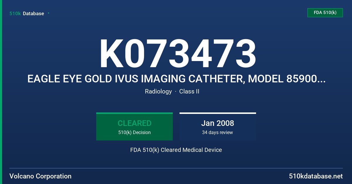 K073473 EAGLE EYE GOLD IVUS IMAGING CATHETER, MODEL 85900, AVABAR F/X IVUS IMAGING CATHETER, MODEL 85700 FDA 510(k) Cleared Medical Device