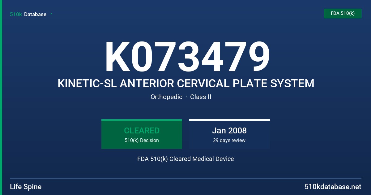 K073479 KINETIC-SL ANTERIOR CERVICAL PLATE SYSTEM FDA 510(k) Cleared Medical Device
