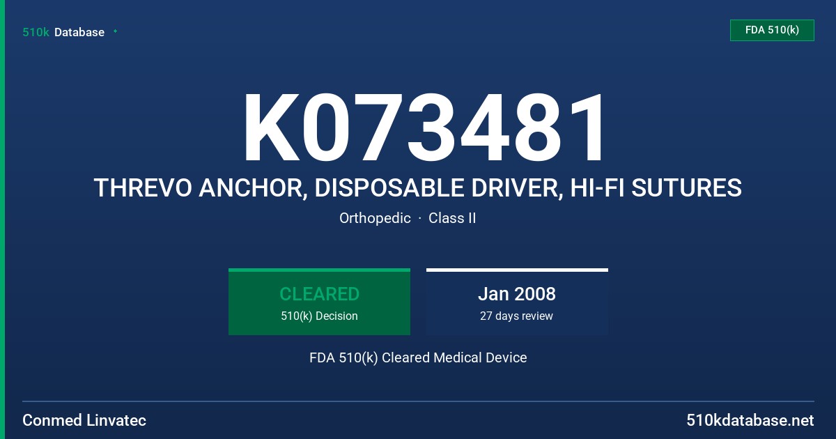 K073481 THREVO ANCHOR, DISPOSABLE DRIVER, HI-FI SUTURES FDA 510(k) Cleared Medical Device