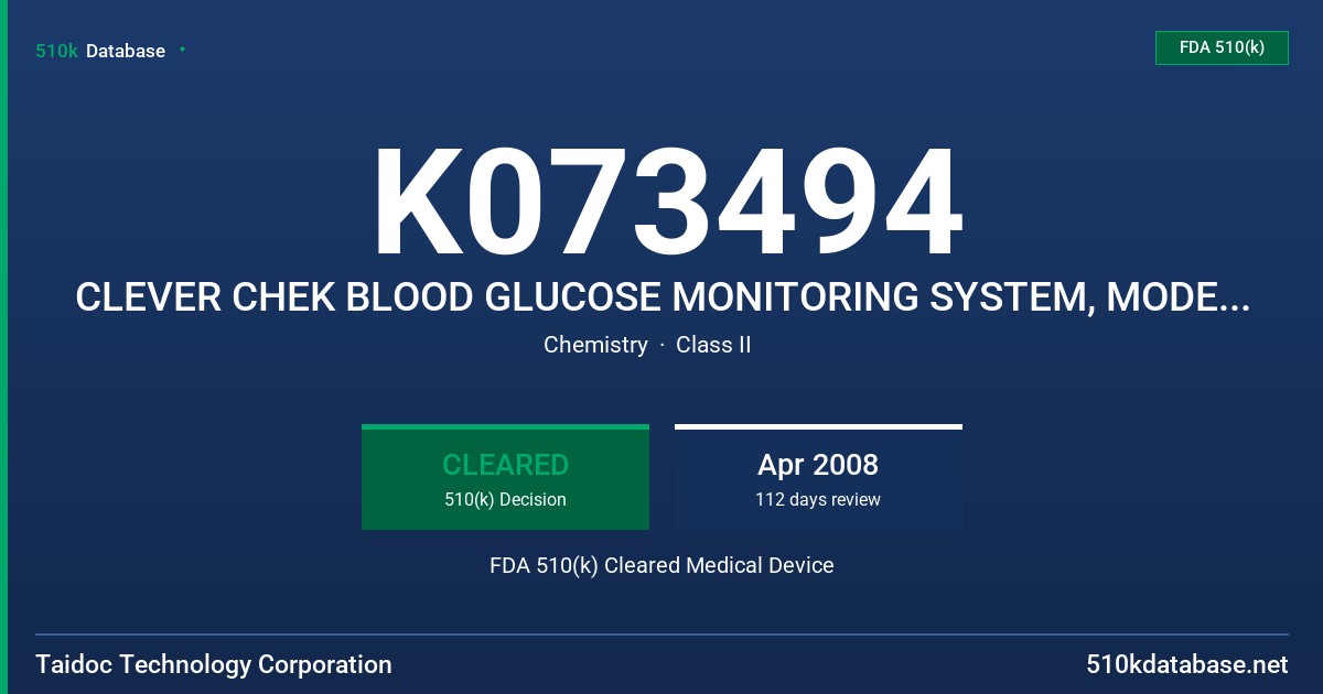 K073494 CLEVER CHEK BLOOD GLUCOSE MONITORING SYSTEM, MODELS TD-4209, -4222, -4225 AND -4226 AND ACHTUNG BLOOD GLUCOSE MONITORING FDA 510(k) Cleared Medical Device