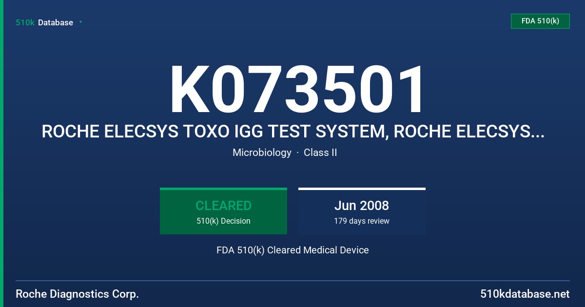 K073501 ROCHE ELECSYS TOXO IGG TEST SYSTEM, ROCHE ELECSYS PRECICONTROL TOXO IGG FDA 510(k) Cleared Medical Device