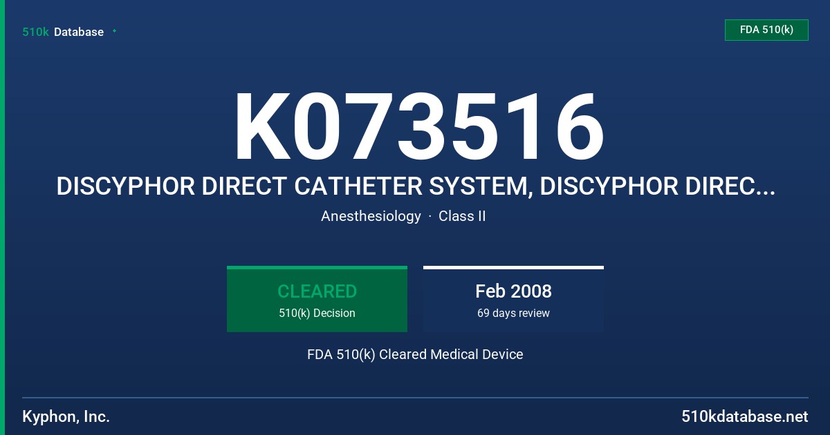 K073516 DISCYPHOR DIRECT CATHETER SYSTEM, DISCYPHOR DIRECT NEEDLES, LONG, DISCYPHOR DIRECT NEEDLES, REGULAR FDA 510(k) Cleared Medical Device