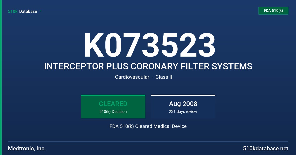 K073523 INTERCEPTOR PLUS CORONARY FILTER SYSTEMS FDA 510(k) Cleared Medical Device