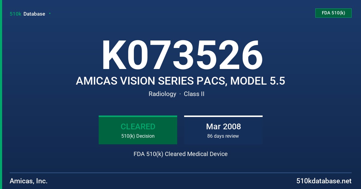 K073526 AMICAS VISION SERIES PACS, MODEL 5.5 FDA 510(k) Cleared Medical Device