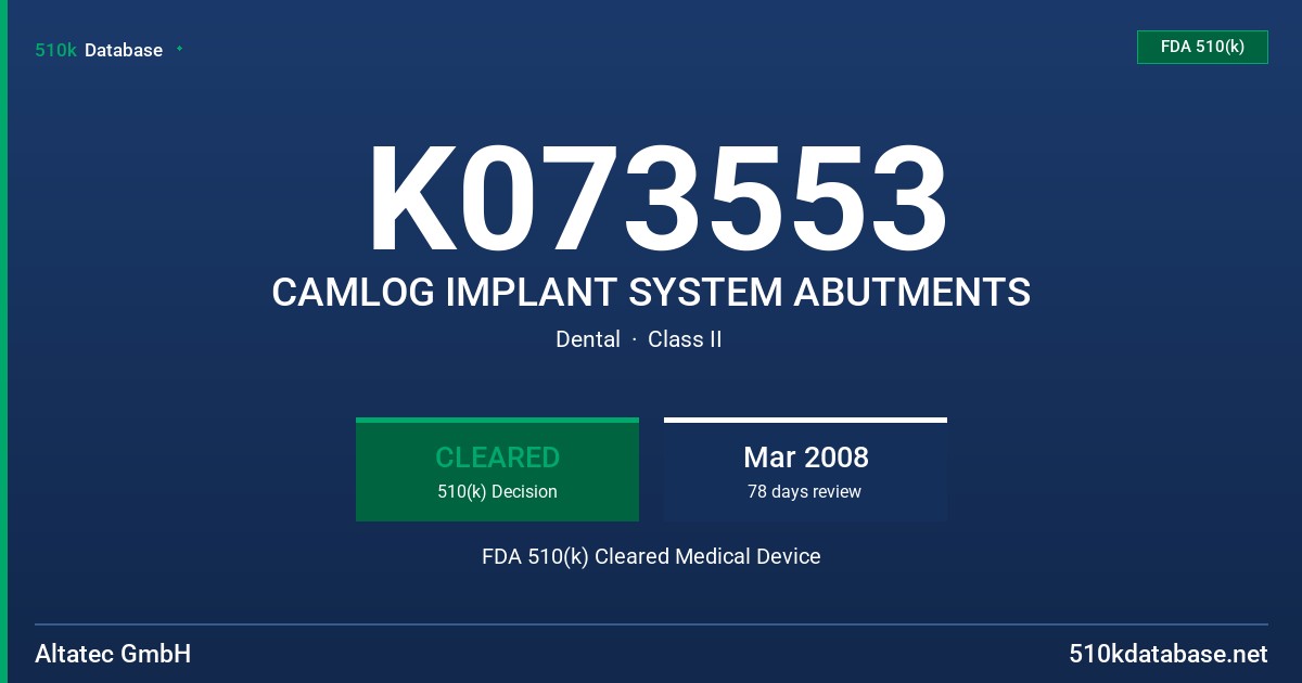 K073553 CAMLOG IMPLANT SYSTEM ABUTMENTS FDA 510(k) Cleared Medical Device