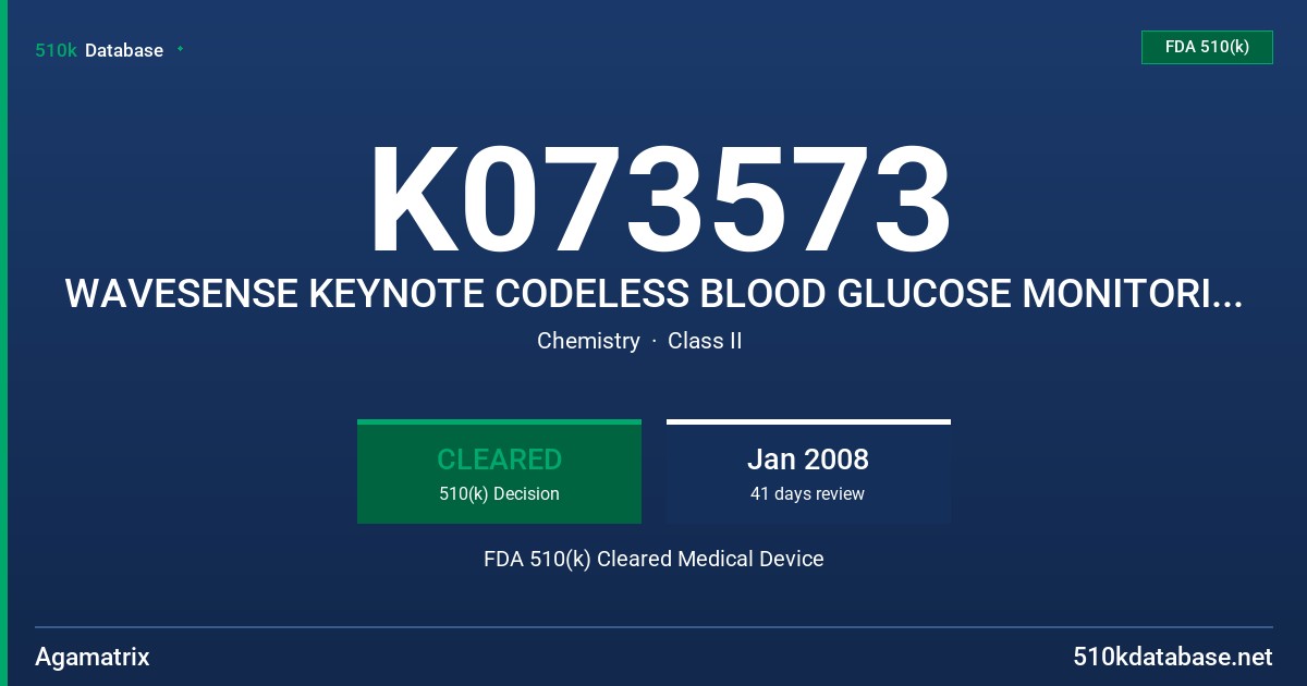 K073573 WAVESENSE KEYNOTE CODELESS BLOOD GLUCOSE MONITORING SYSTEM FDA 510(k) Cleared Medical Device