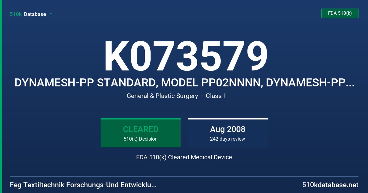 K073579 DYNAMESH-PP STANDARD, MODEL PP02NNNN, DYNAMESH-PP LIGHT, MODEL PP01NNNN FDA 510(k) Cleared Medical Device