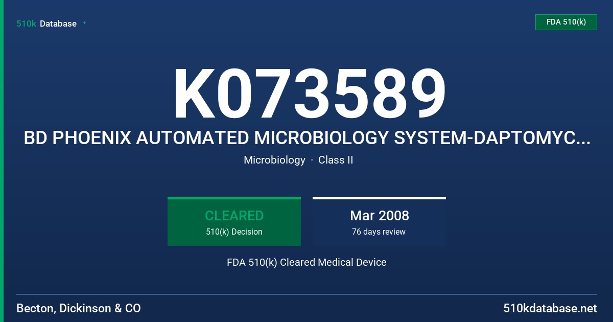 K073589 BD PHOENIX AUTOMATED MICROBIOLOGY SYSTEM-DAPTOMYCIN (0.0313-16 UG/ML) STEPTOCOCCUS ID/AST OR AST ONLY PHOENIX PANELS FDA 510(k) Cleared Medical Device