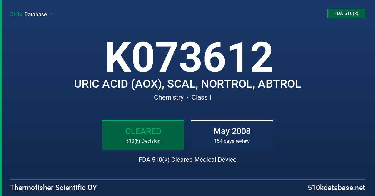 K073612 URIC ACID (AOX), SCAL, NORTROL, ABTROL FDA 510(k) Cleared Medical Device