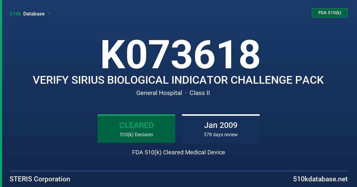 K073618 VERIFY SIRIUS BIOLOGICAL INDICATOR CHALLENGE PACK FDA 510(k) Cleared Medical Device