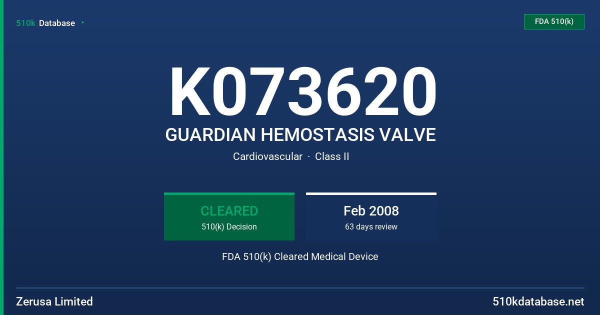 K073620 GUARDIAN HEMOSTASIS VALVE FDA 510(k) Cleared Medical Device