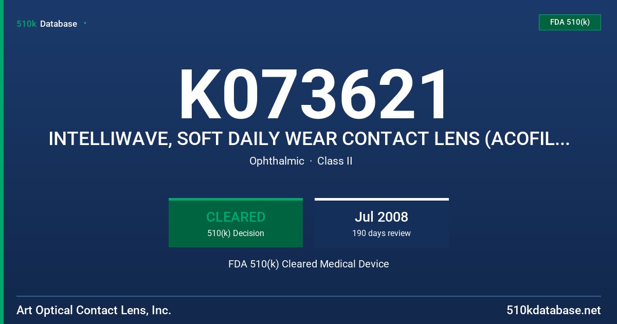 K073621 INTELLIWAVE, SOFT DAILY WEAR CONTACT LENS (ACOFILCON B) HIOXIFILCON B) CLEAR AND BLUE VISIBILITY TINT FDA 510(k) Cleared Medical Device