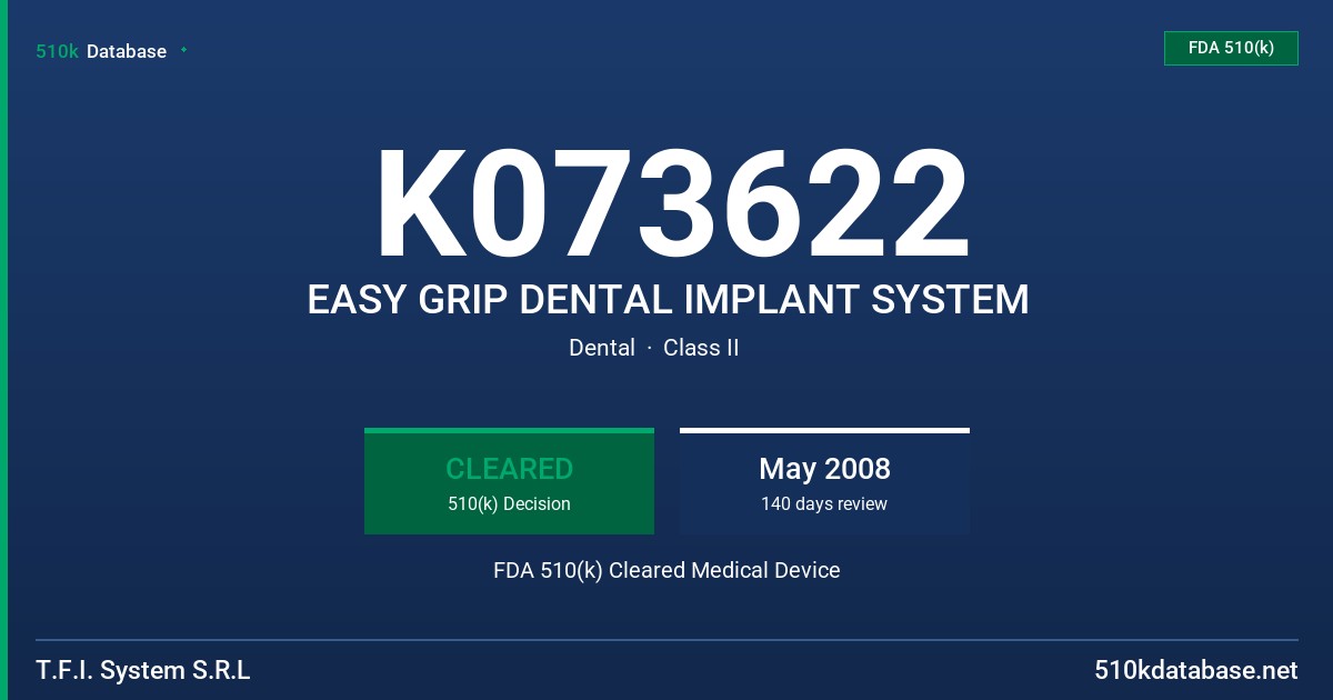 K073622 EASY GRIP DENTAL IMPLANT SYSTEM FDA 510(k) Cleared Medical Device