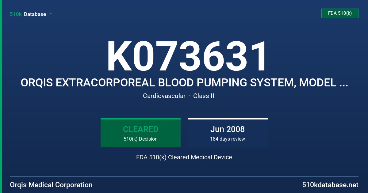 K073631 ORQIS EXTRACORPOREAL BLOOD PUMPING SYSTEM, MODEL BPS-100 FDA 510(k) Cleared Medical Device
