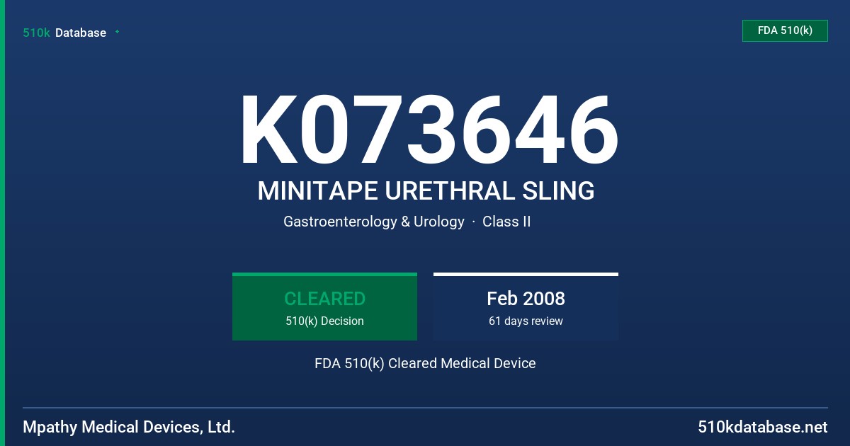K073646 MINITAPE URETHRAL SLING FDA 510(k) Cleared Medical Device