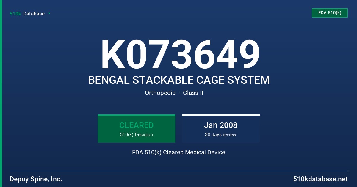 K073649 BENGAL STACKABLE CAGE SYSTEM FDA 510(k) Cleared Medical Device