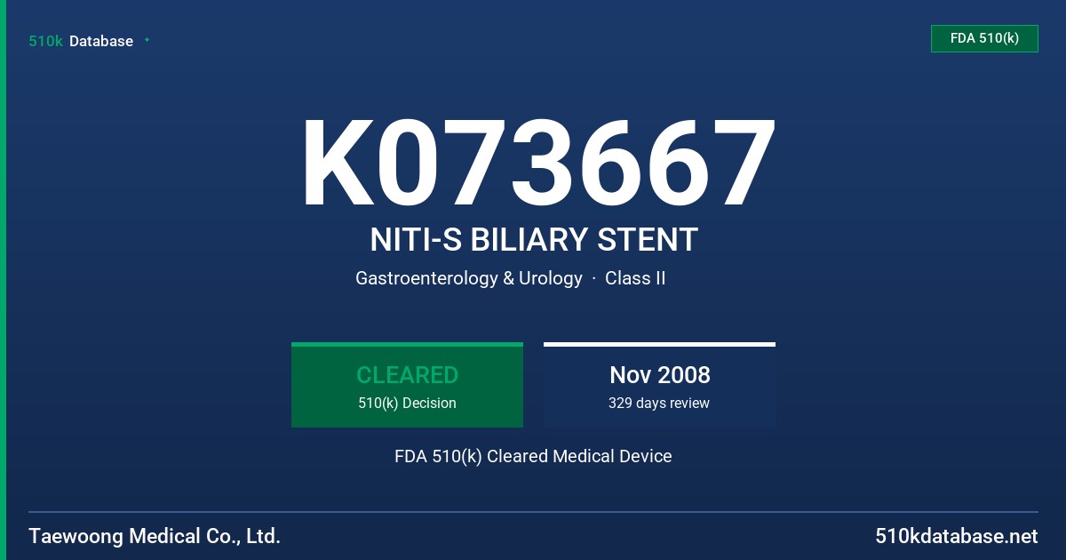 K073667 NITI-S BILIARY STENT FDA 510(k) Cleared Medical Device