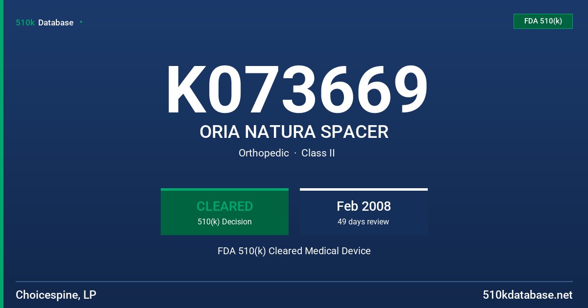 K073669 ORIA NATURA SPACER FDA 510(k) Cleared Medical Device